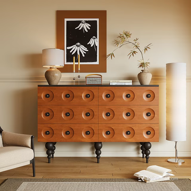 Classic Wooden Entryway Console Cabinet With Circular Knobs Drawers Table Lamp And Plant Decor 3d model