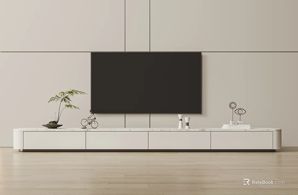Modern TV Stand With Black TV Potted Plant Decorative Items And Wooden Floor 3d model 