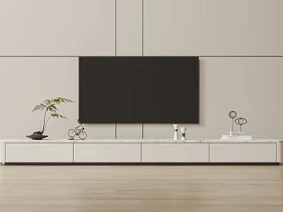 Modern TV Stand With Black TV Potted Plant Decorative Items And Wooden Floor 3d model