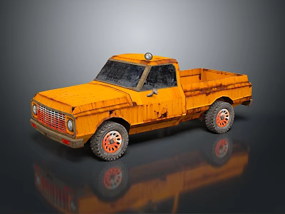 Yellow Vintage Pickup Truck With Red Rims And Rustic Texture On Grey Background 3d model