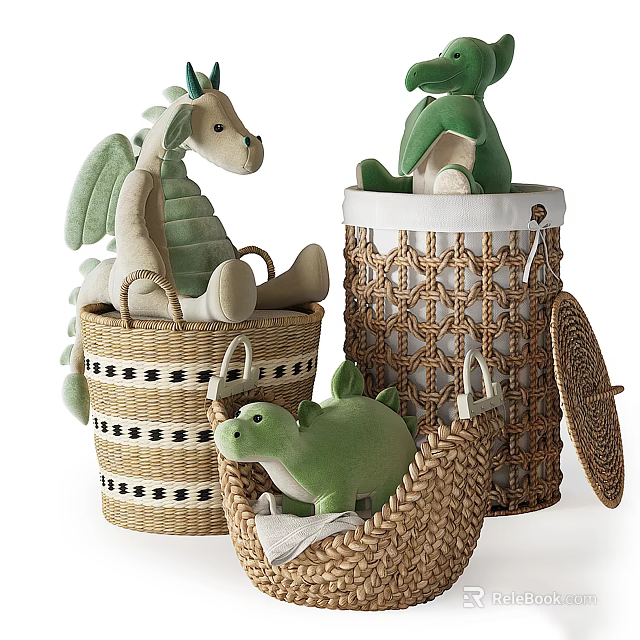 Cute Plush Dragon Stuffed Toys In Woven Rattan Baskets For Kids Room 3d model 