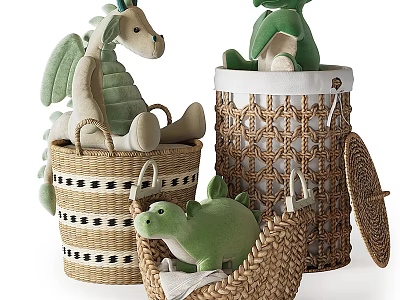 Cute Plush Dragon Stuffed Toys In Woven Rattan Baskets For Kids Room 3d model