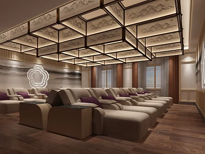 Luxurious SPA Sauna Interior With Comfortable Lounge Seats And Decorative Ceiling 3d model