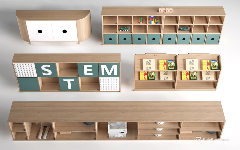 Wooden Bookcases With Open Shelves STEM Letters Green Drawers And Toy Storage 3d model 