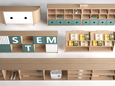 Wooden Bookcases With Open Shelves STEM Letters Green Drawers And Toy Storage 3d model