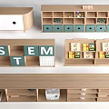 Wooden Bookcases With Open Shelves STEM Letters Green Drawers And Toy Storage