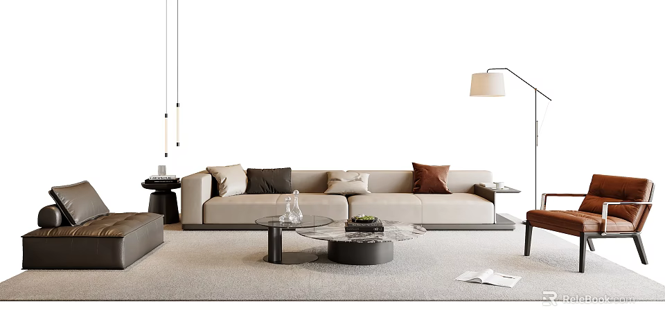 Modern Sofa And Coffee Table Combination With Mixed Color Pillows On Soft Living Room Rug 3d model 