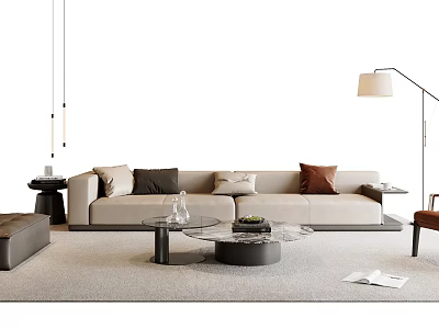 Modern Sofa And Coffee Table Combination With Mixed Color Pillows On Soft Living Room Rug 3d model