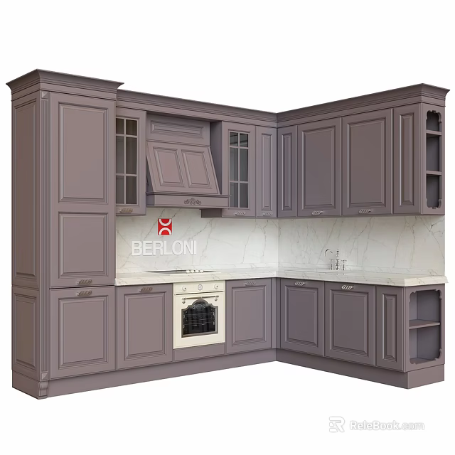 Gray Kitchen Cabinets with Glass Front Doors Built in Oven and White Marble Countertop 3d model 