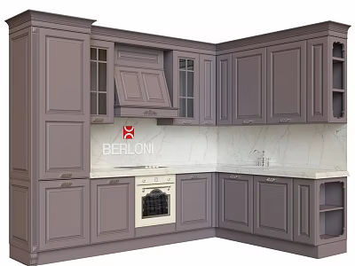 Gray Kitchen Cabinets with Glass Front Doors Built in Oven and White Marble Countertop 3d model