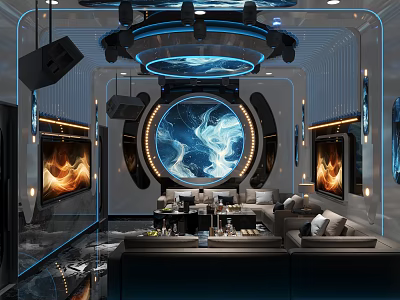Luxurious Modern KTV Interior Design With Circular Screen Comfortable Sofas Ambient Lighting And Bar Counter 3d model