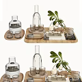 Modern Glass Tea Set with Wooden Tray Green Plant for Home Serving Table Decoration