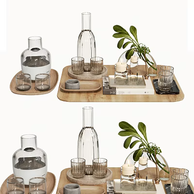 Modern Glass Tea Set with Wooden Tray Green Plant for Home Serving Table Decoration 3d model