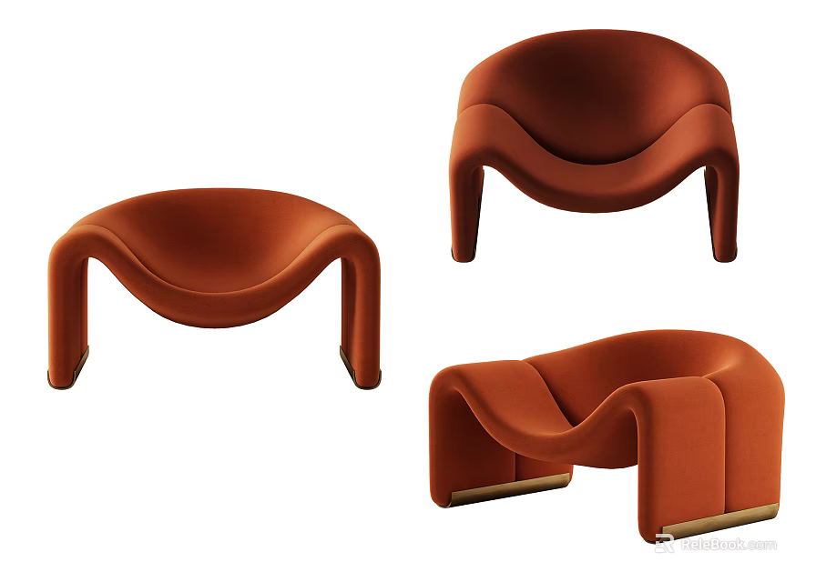Modern Orange Curved Leisure Chairs With Stylish Design And Metal Legs 3d model 