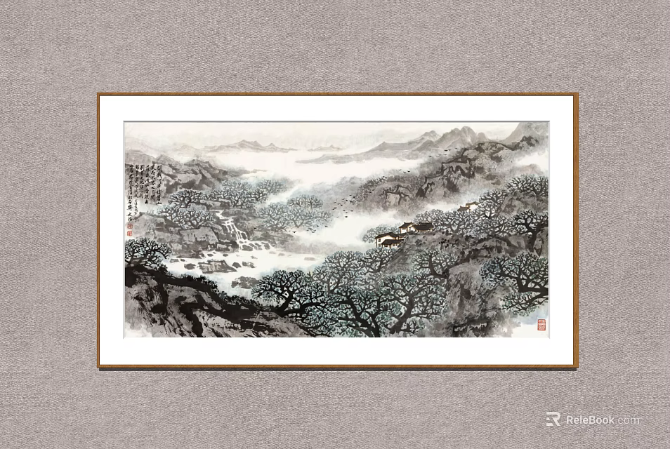 Traditional Chinese Landscape Painting With Misty Mountains Trees And Flowing Stream 3d model 