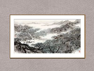 Traditional Chinese Landscape Painting With Misty Mountains Trees And Flowing Stream 3d model