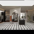 Modern Clothing Store Interior with Open Layout Black and White Checkered Floor Wooden Racks and Mannequins