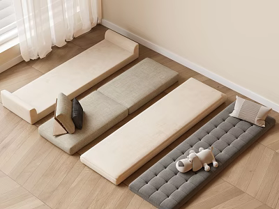 Various Colored Tatami Mats On Wooden Floor With Cushions And Stuffed Toy 3d model