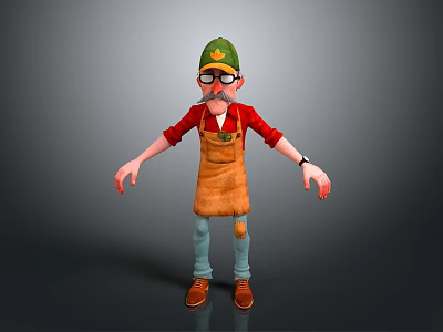 Man Wearing Green Cap with Yellow Badge Red Shirt Brown Apron Blue Pants Arms Outstretched 3d model