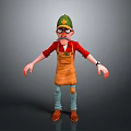 Man Wearing Green Cap with Yellow Badge Red Shirt Brown Apron Blue Pants Arms Outstretched