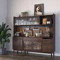 Walnut Wood Sideboard with Glass Doors Storage Shelves Potted Plant and Kitchen Appliances