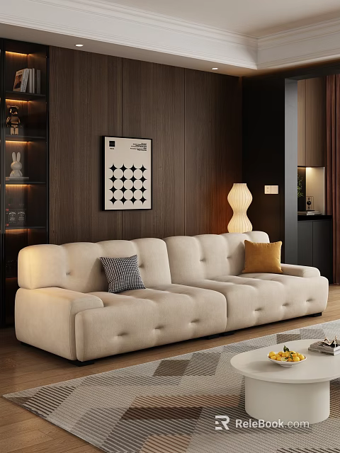 Beige Tufted Sofa and Coffee Table Set with Decorative Pillows Wooden Wall and Floor Lamp 3d model 
