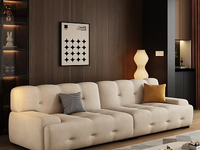 Beige Tufted Sofa and Coffee Table Set with Decorative Pillows Wooden Wall and Floor Lamp 3d model