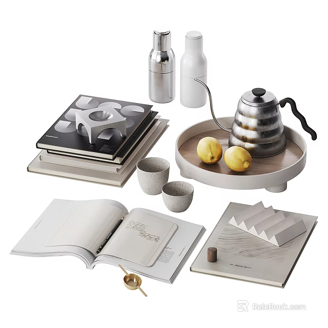 Decorative Ornament Set With Books Metal Bottles Teapot Wooden Tray And Lemons 3d model 