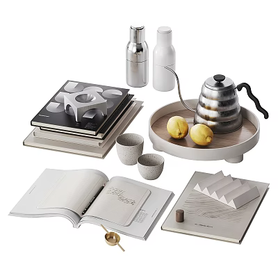 Decorative Ornament Set With Books Metal Bottles Teapot Wooden Tray And Lemons 3d model