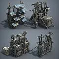 Various Metal Structured Industrial Equipment With Mechanical Frames And Storage Crates 3d model