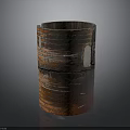 Artistic Rusted Metal Cylindrical Container With Patched Surface And Striped Texture