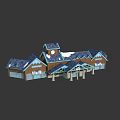 Rustic Wooden Houses With Snow Covered Roofs Clock Tower And Store Signs