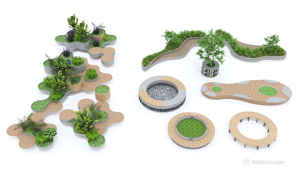 Landscape Seats With Various Shapes Wooden Structure Green Plants And Circular Design 3d model 