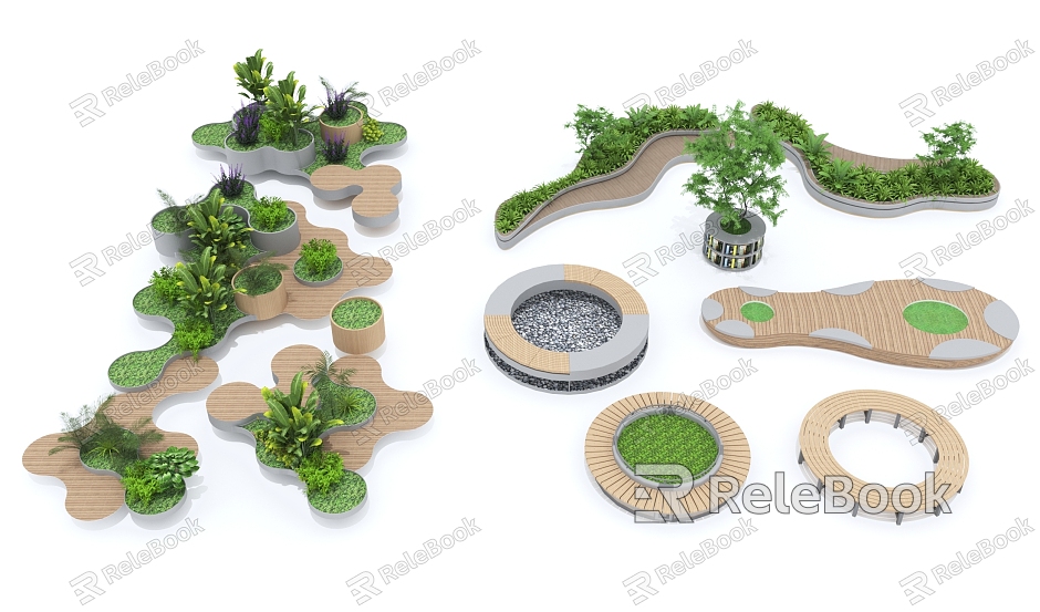 Outdoor curved landscape seat tree pool wooden platform model