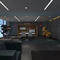 Modern Office Interior Design With Desk Chairs Sofa Yellow Sculpture Gray Walls And Ceiling Lights