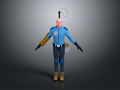 3D Character's Handheld Weapon With Blue Uniform Yellow Arm Guard And Black Gloves 3d model