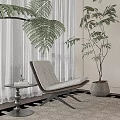 Modern Leisure Chair With White Curtains Fern Plant And Side Table On Checkered Rug