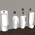 White Urinals With Various Designs Mounted On Gray Wall And Wooden Floor