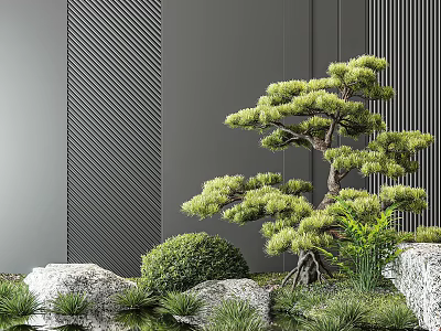Modern Garden Ornament With Pine Tree Rocks Bushes And Water Elements 3d model
