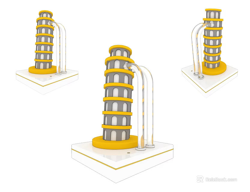 Three Pisa Tower Like Art Installations With Yellow Base And Curved Pipes 3d model 