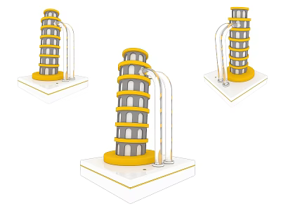 Three Pisa Tower Like Art Installations With Yellow Base And Curved Pipes 3d model
