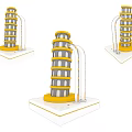 Three Pisa Tower Like Art Installations With Yellow Base And Curved Pipes