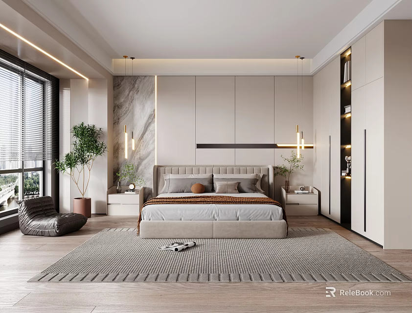 Modern Bedroom Interior Design With Large Bed Built-in Wardrobe Nightstands And Area Rug 3d model 