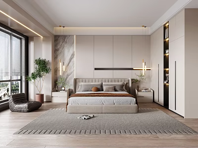 Modern Bedroom Interior Design With Large Bed Built-in Wardrobe Nightstands And Area Rug 3d model