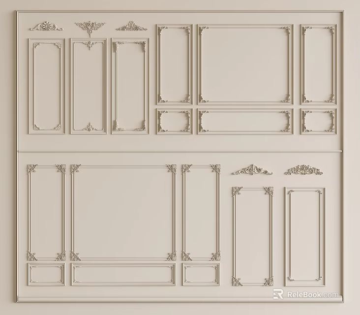 Elegant Decorative Background Wall Design With Various Panel Layouts And Ornate Moldings 3d model