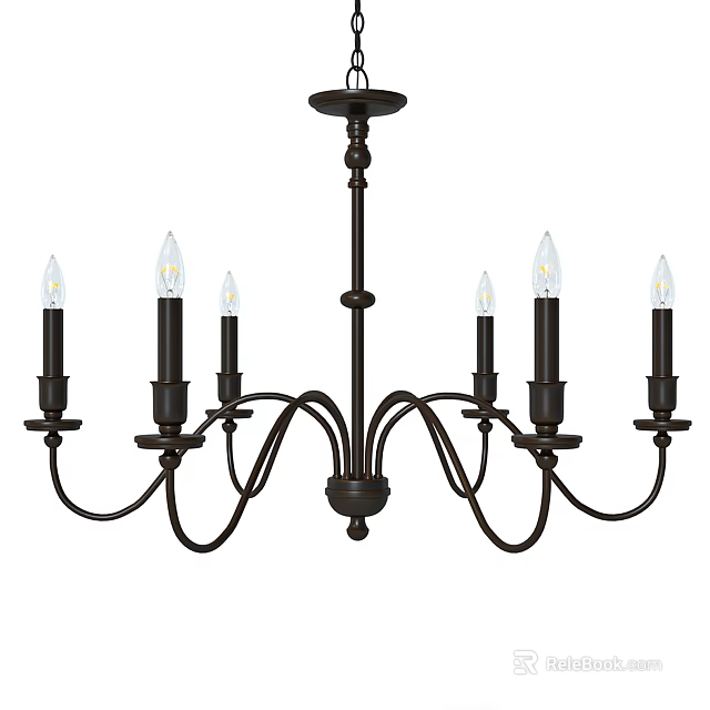Classic Black Metal Chandelier With Curved Arms And Six Candle Style Bulbs 3d model 