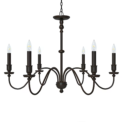 Classic Black Metal Chandelier With Curved Arms And Six Candle Style Bulbs 3d model