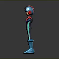 Sci Fi Humanoid Character With Cybernetic Helmet Blue Boots And Red Chest Emblem