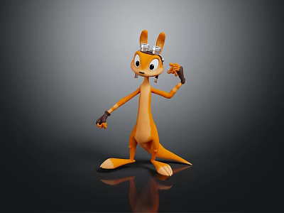 3D Orange Kangaroo-like Cartoon Game Character with Metallic Goggles Standing Pose Raising Hand 3d model