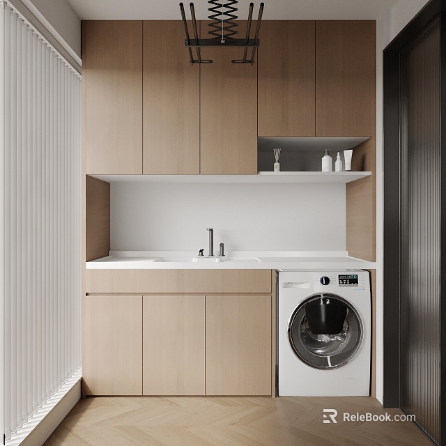 Modern Laundry Room With Wooden Cabinets White Countertop Sink Washing Machine And Window Blinds 3d model 